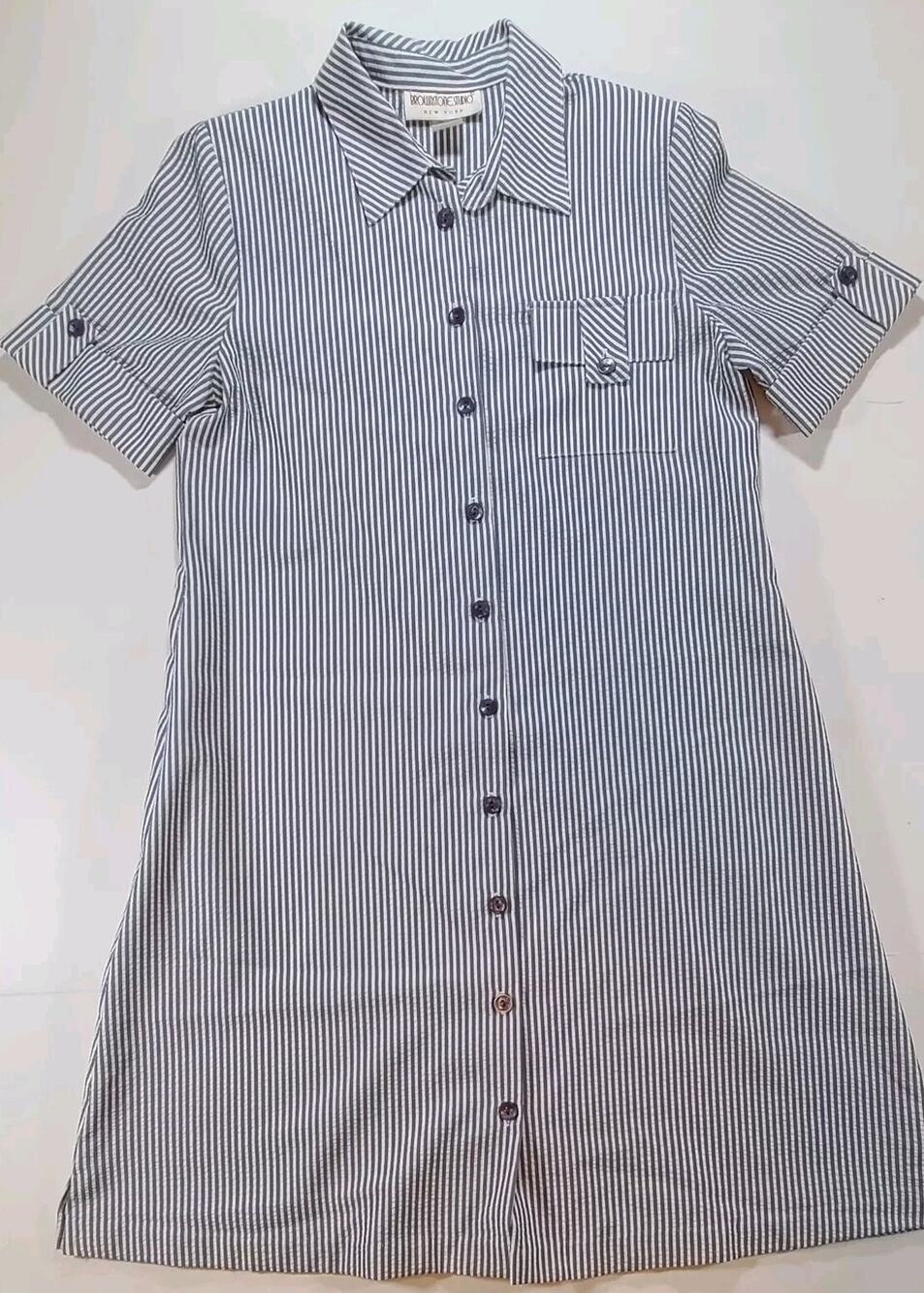 Vintage Brownstone Studio NY Midi Dress Womens 12 Striped Pockets USA Blue/White